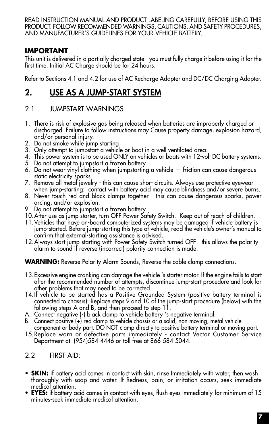 Use as a jump-start system | Vector Start-It VEC016 User Manual | Page 7 / 12