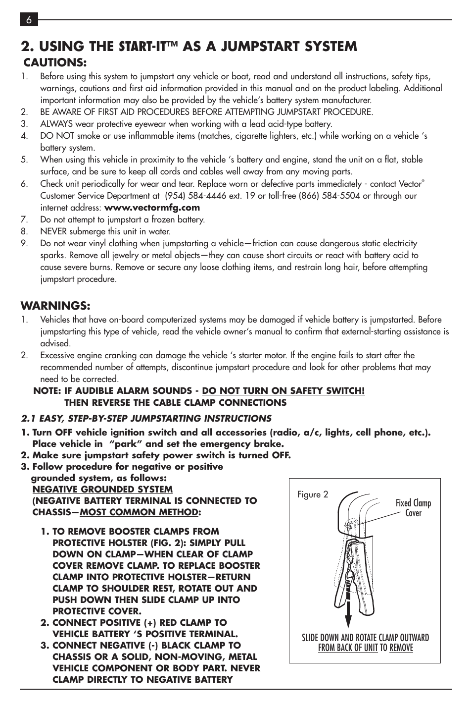 Using the start-it™ as a jumpstart system, Cautions, Warnings | Vector VEC021ST User Manual | Page 14 / 16