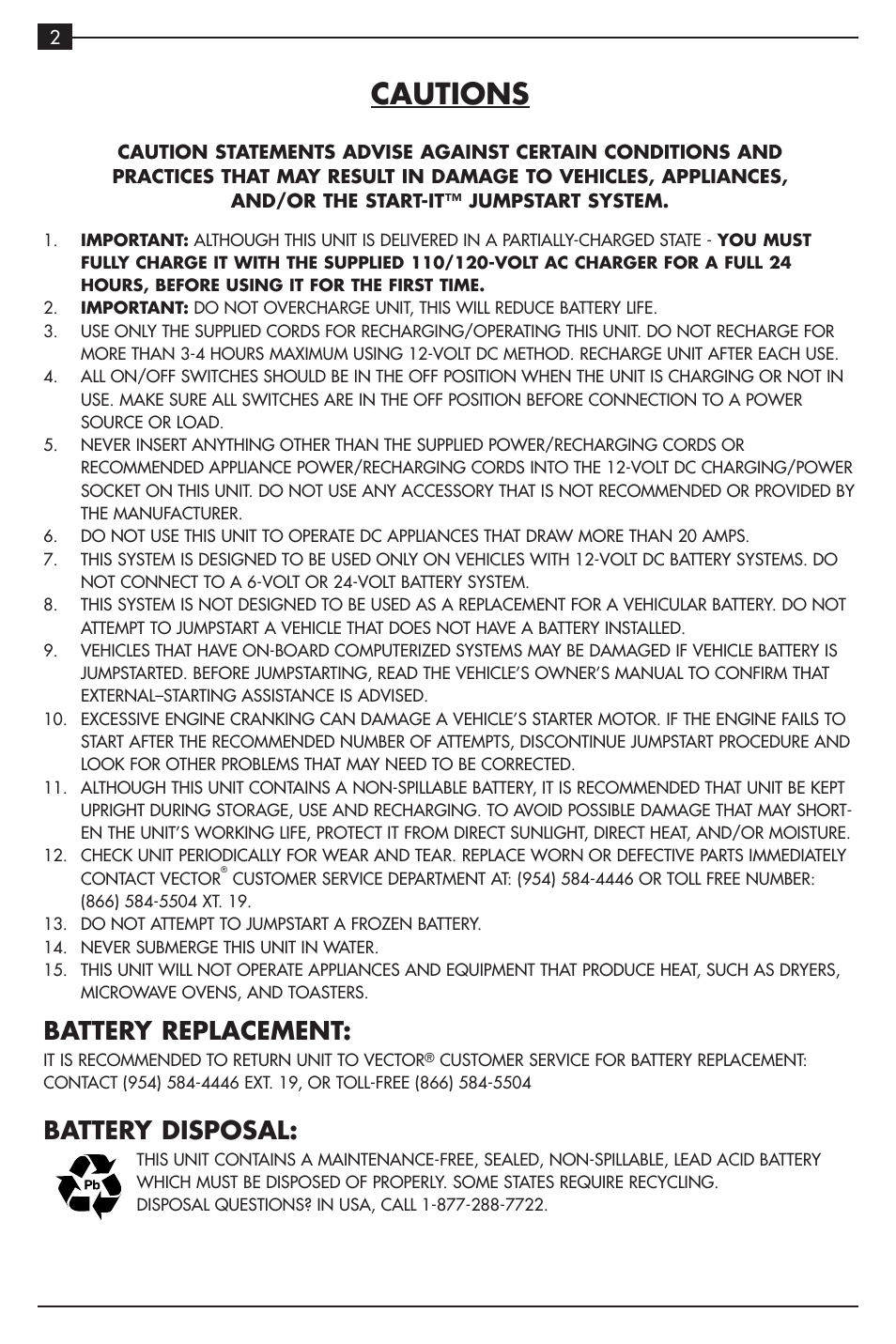 Cautions, Battery replacement, Battery disposal | Vector VEC021ST User Manual | Page 6 / 16