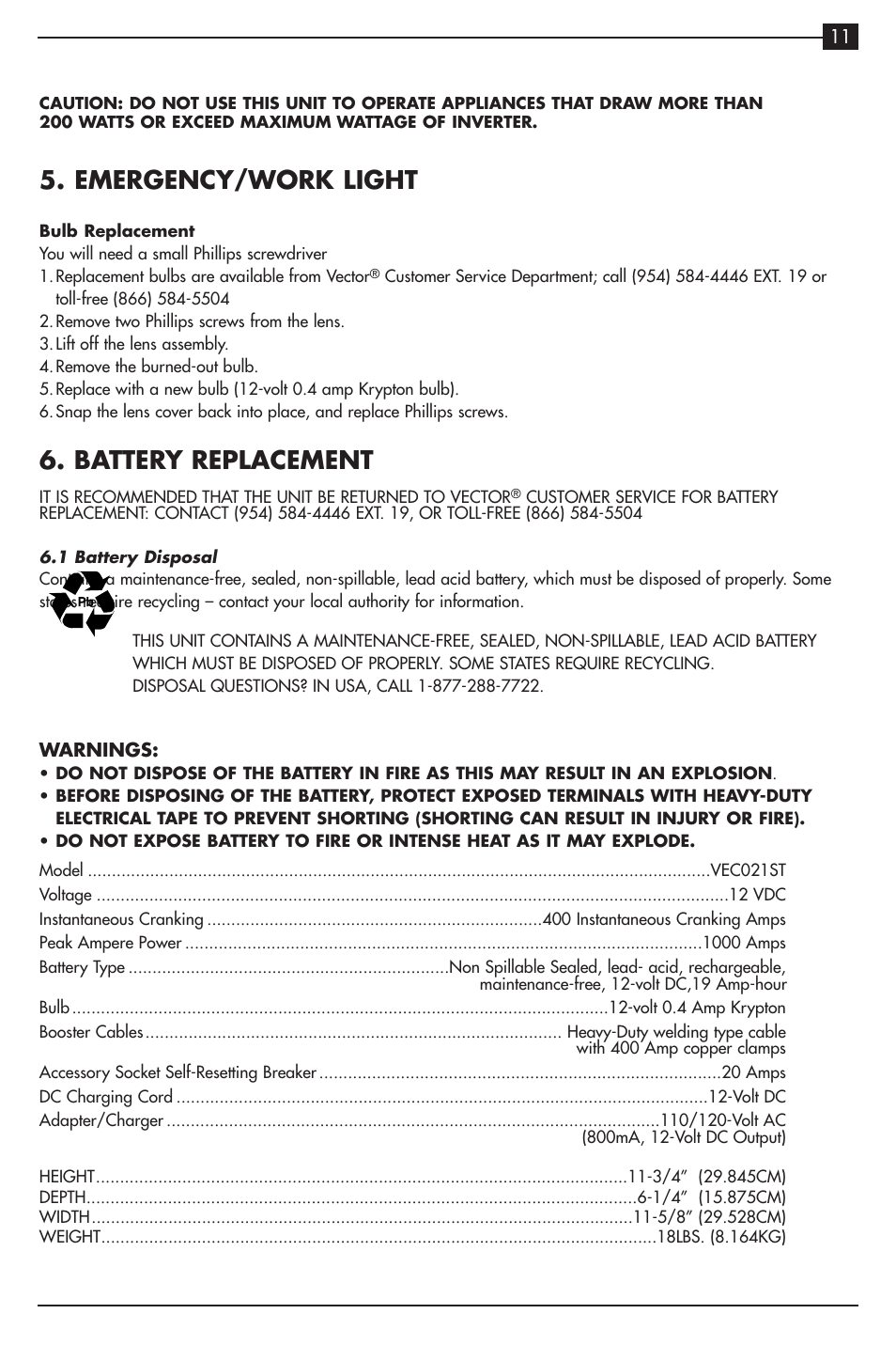 Emergency/work light, Battery replacement | Vector VEC021ST User Manual | Page 7 / 16