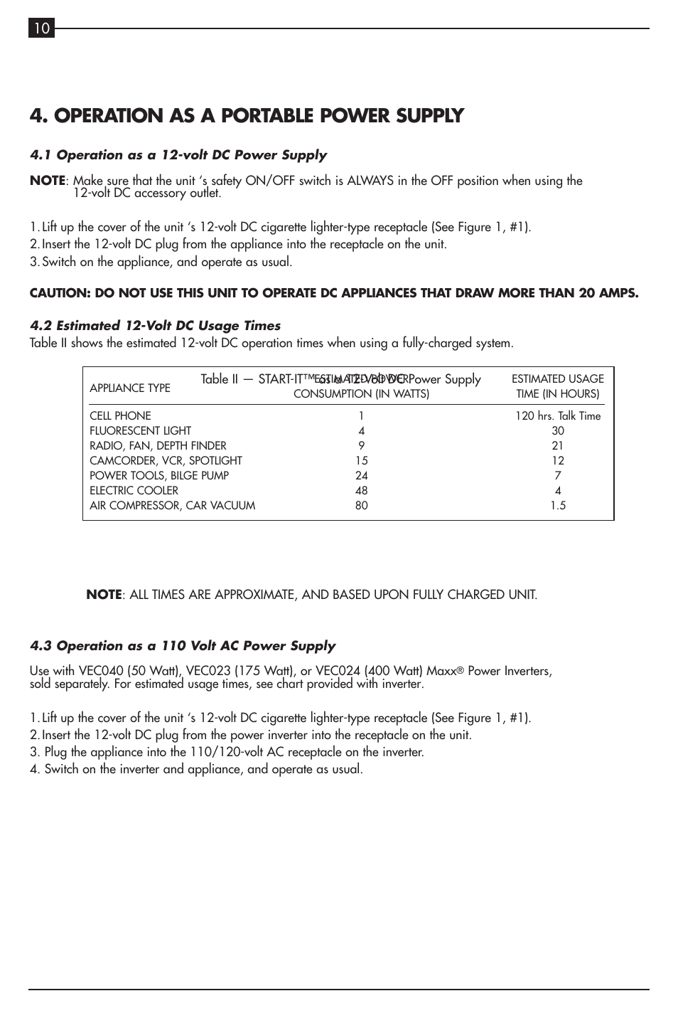 Operation as a portable power supply | Vector VEC021ST User Manual | Page 8 / 16