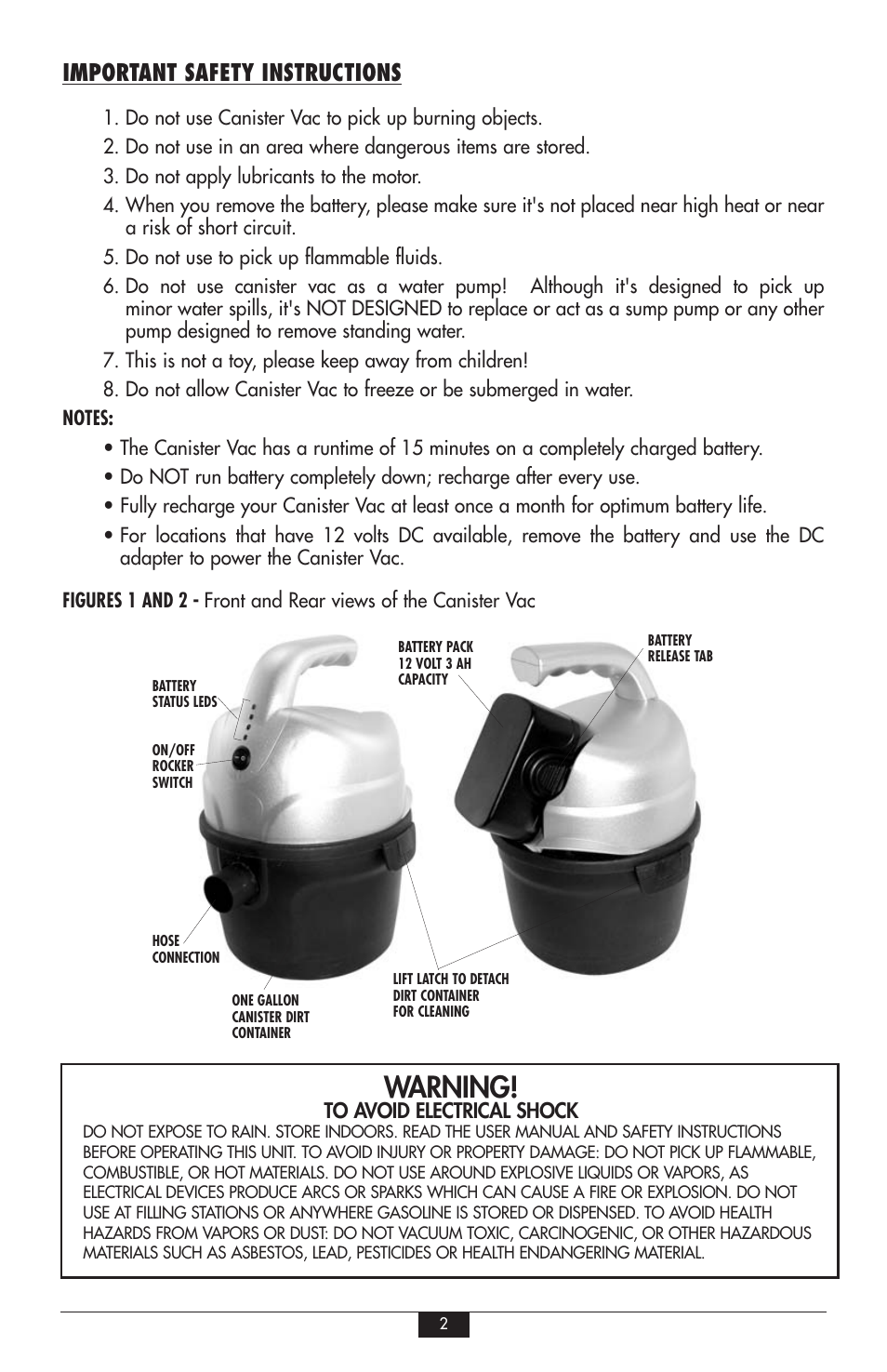 Warning, Important safety instructions | Vector VEC248 User Manual | Page 2 / 8