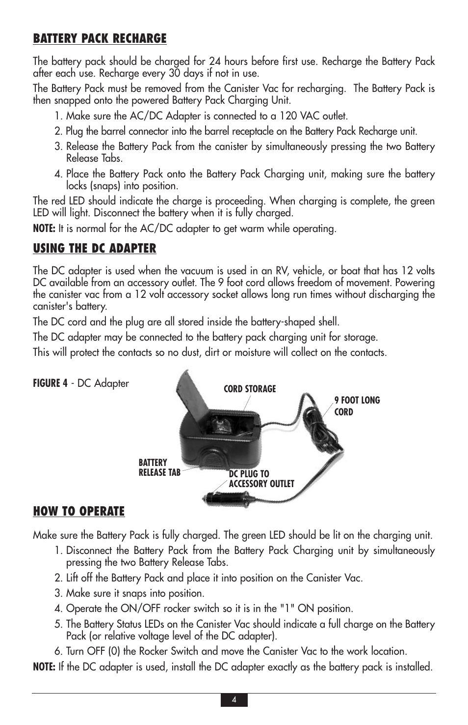 Battery pack recharge, Using the dc adapter, How to operate | Vector VEC248 User Manual | Page 4 / 8