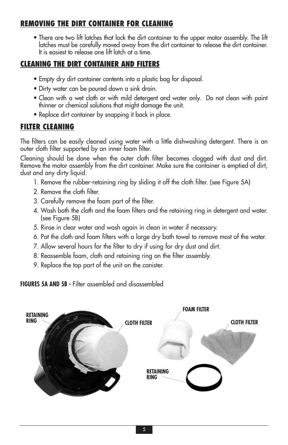 Removing the dirt container for cleaning, Cleaning the dirt container and filters, Filter cleaning | Vector VEC248 User Manual | Page 5 / 8