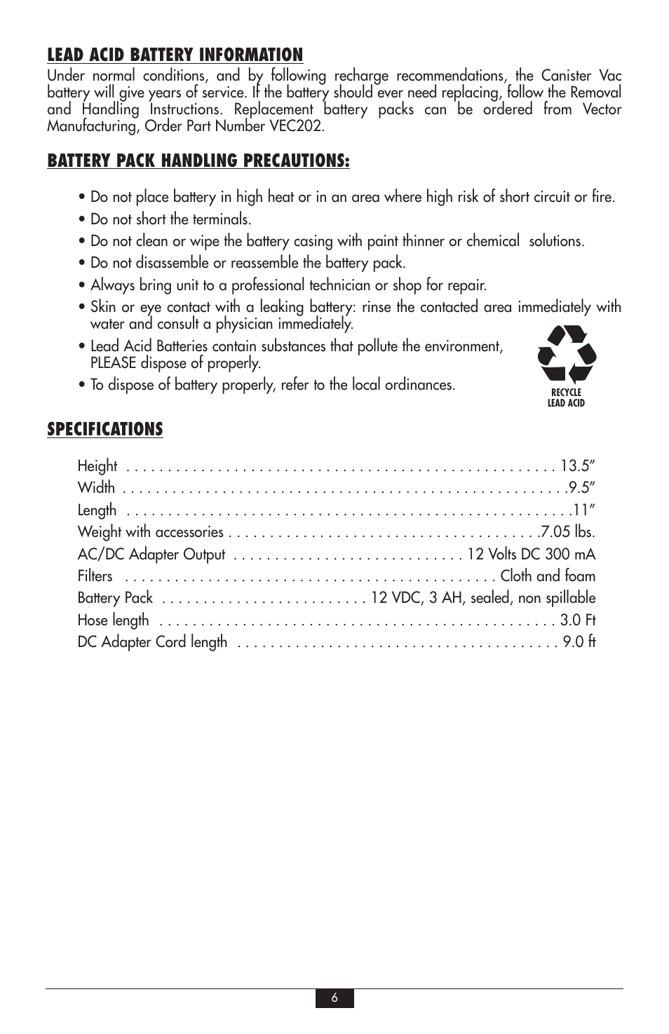 Lead acid battery information, Battery pack handling precautions, Specifications | Vector VEC248 User Manual | Page 6 / 8