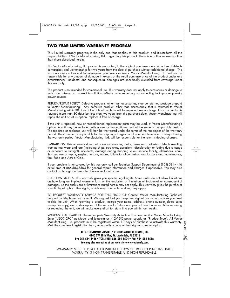 Vector VEC012AP User Manual | 12 pages