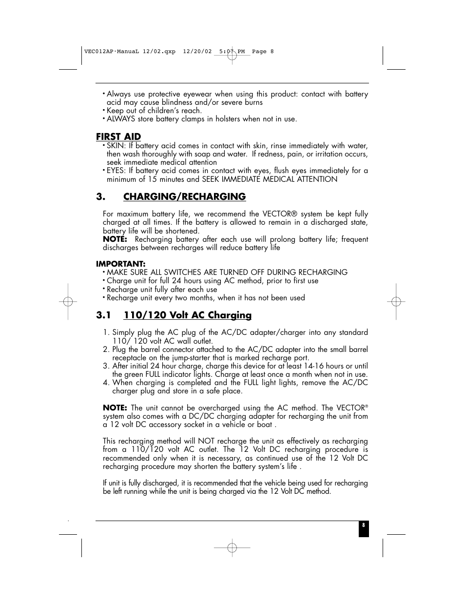 First aid, Charging/recharging | Vector VEC012AP User Manual | Page 10 / 12