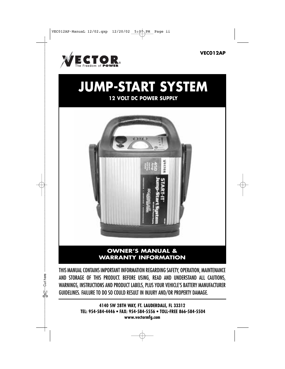 Jump-start system | Vector VEC012AP User Manual | Page 2 / 12