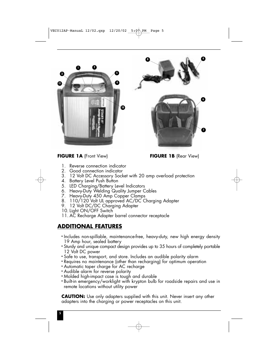 Additional features, Automatic taper charge for ac recharge, Audible alarm for reverse polarity | Molded high-impact case is tough and durable | Vector VEC012AP User Manual | Page 7 / 12