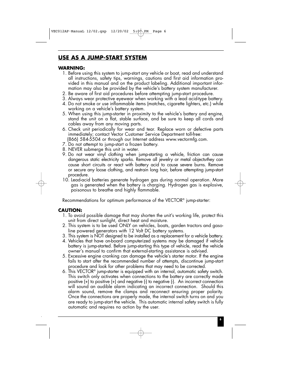 Use as a jump-start system | Vector VEC012AP User Manual | Page 8 / 12