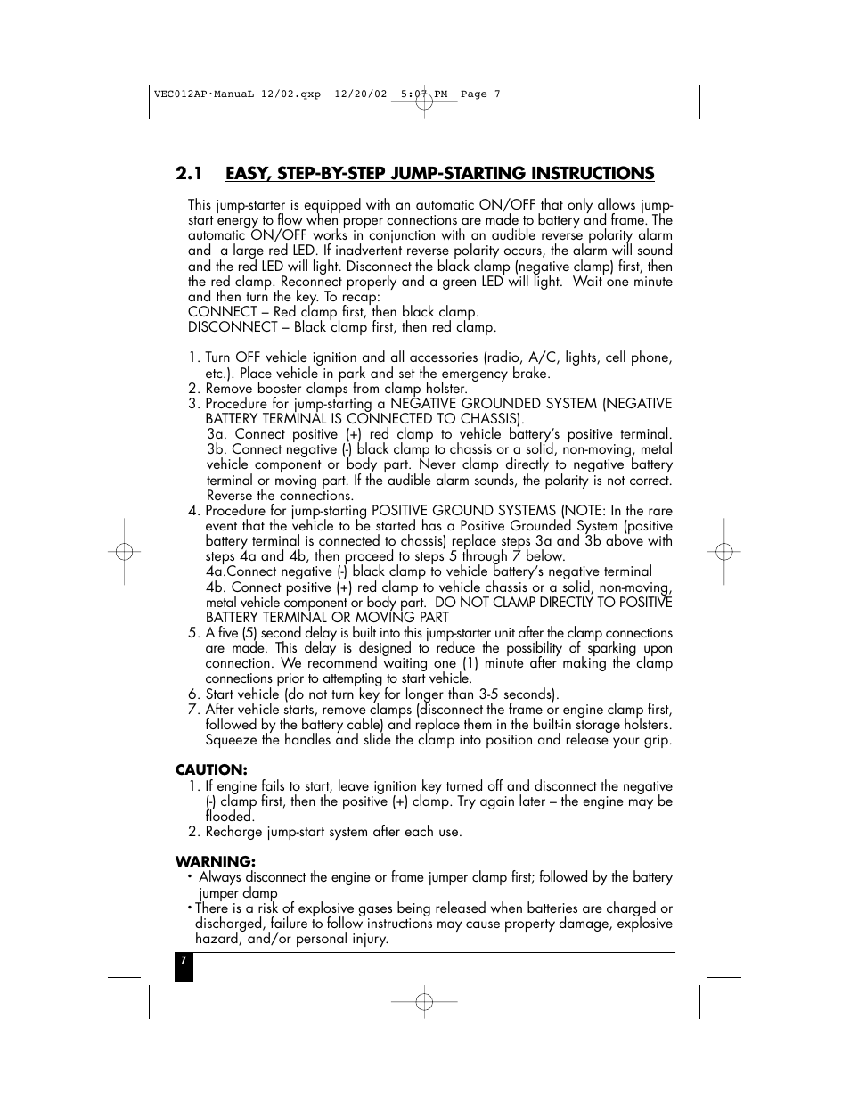 1 easy, step-by-step jump-starting instructions | Vector VEC012AP User Manual | Page 9 / 12