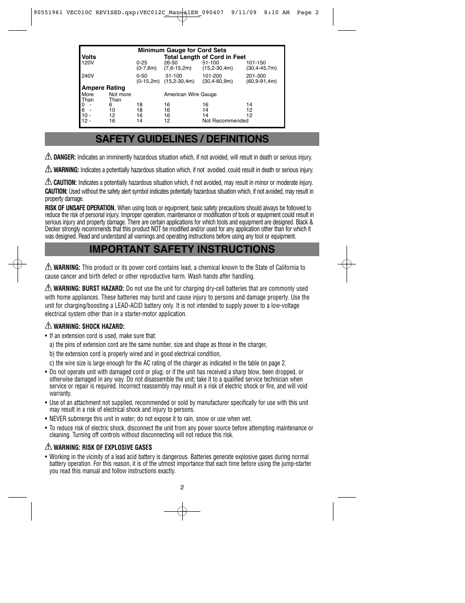 Safety guidelines / definitions, Important safety instructions | Vector 90551961 User Manual | Page 3 / 21