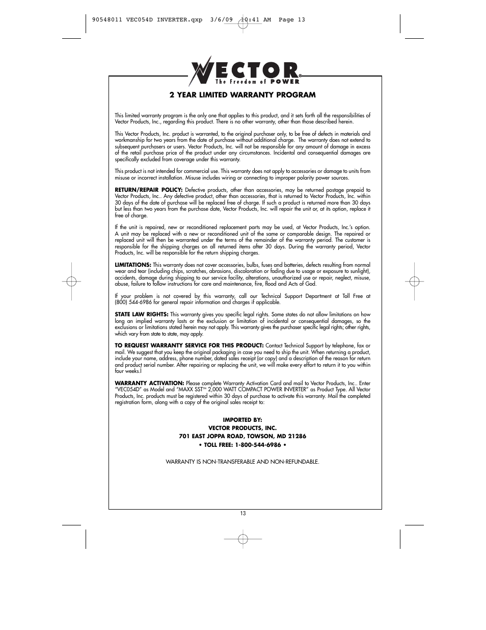 2 year limited warranty program | Vector VEC054D User Manual | Page 14 / 44