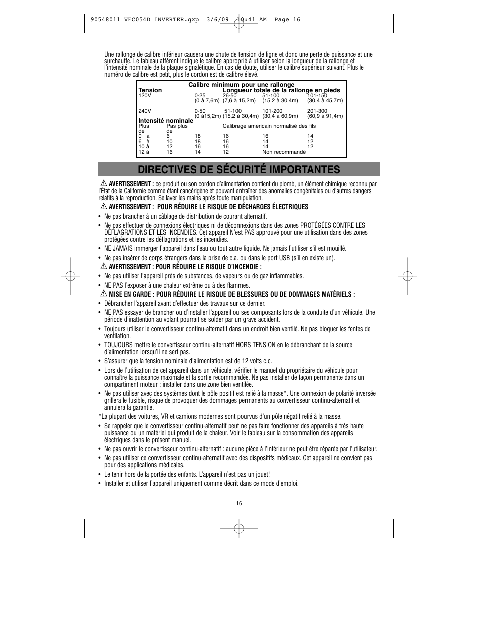Directives de sécurité importantes | Vector VEC054D User Manual | Page 17 / 44