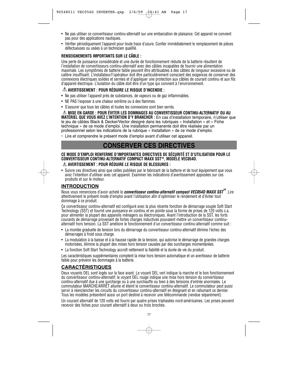 Conserver ces directives | Vector VEC054D User Manual | Page 18 / 44