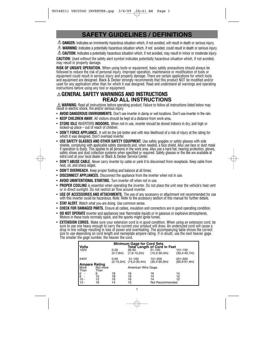 Safety guidelines / definitions | Vector VEC054D User Manual | Page 2 / 44