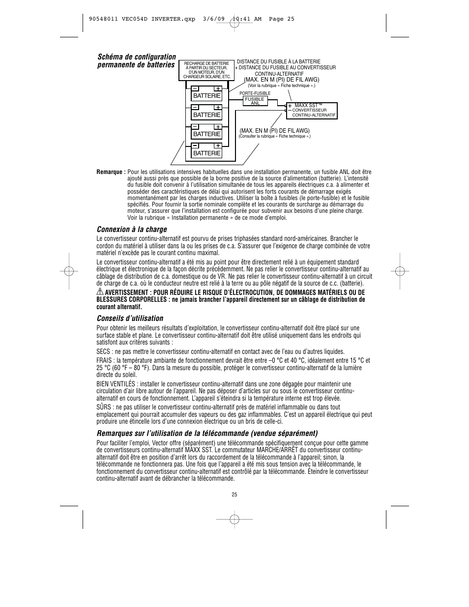 Connexion à la charge, Conseils d’utilisation, Schéma de configuration permanente de batteries | Vector VEC054D User Manual | Page 26 / 44