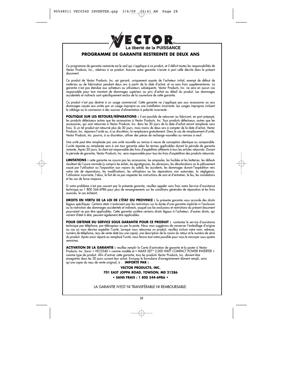 Programme de garantie restreinte de deux ans, La liberté de la puissance | Vector VEC054D User Manual | Page 29 / 44