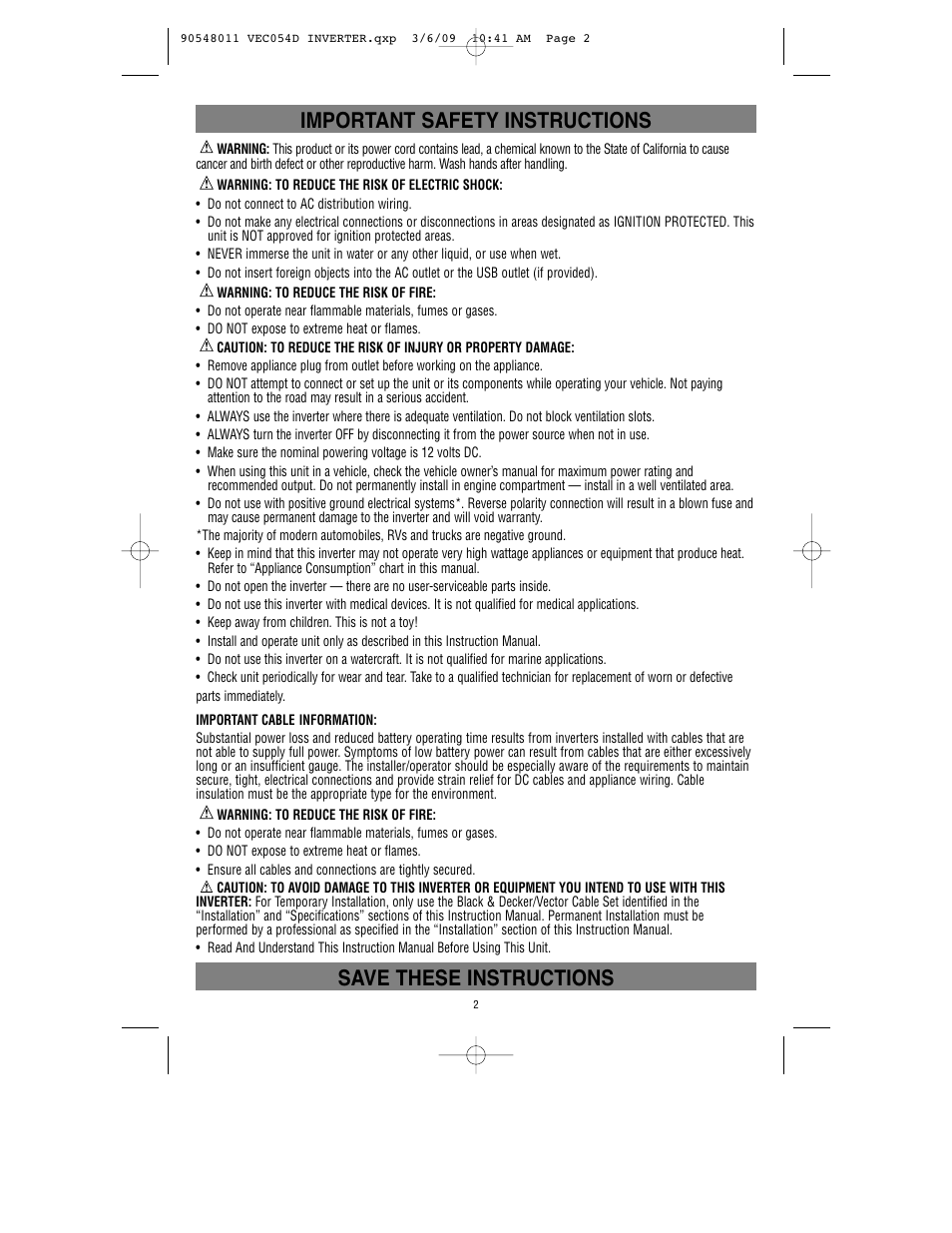 Important safety instructions, Save these instructions | Vector VEC054D User Manual | Page 3 / 44