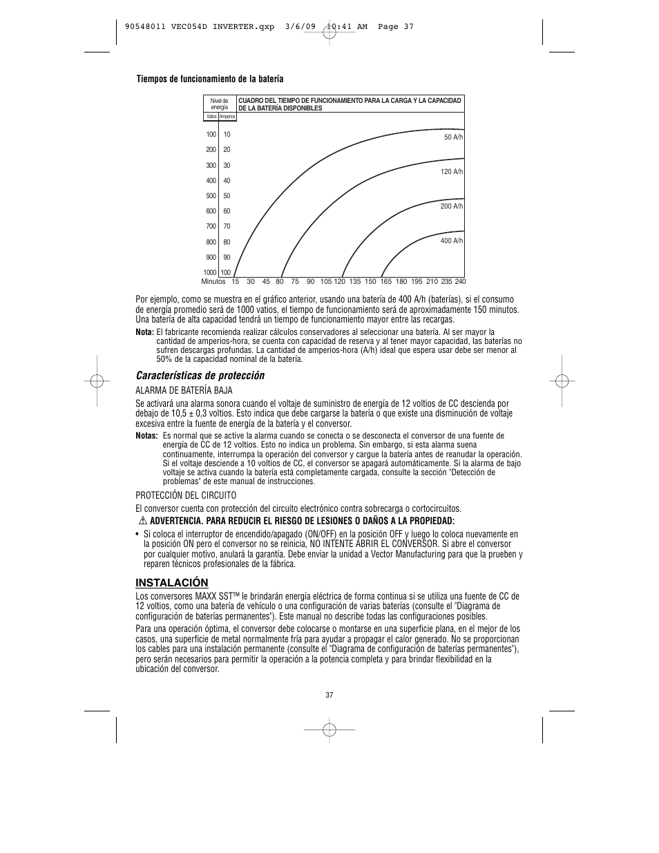 Características de protección, Instalación | Vector VEC054D User Manual | Page 38 / 44