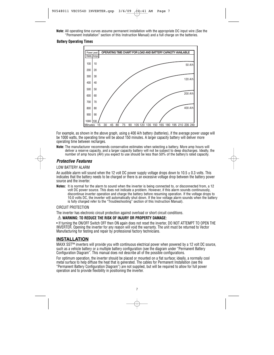 Protective features, Installation | Vector VEC054D User Manual | Page 8 / 44