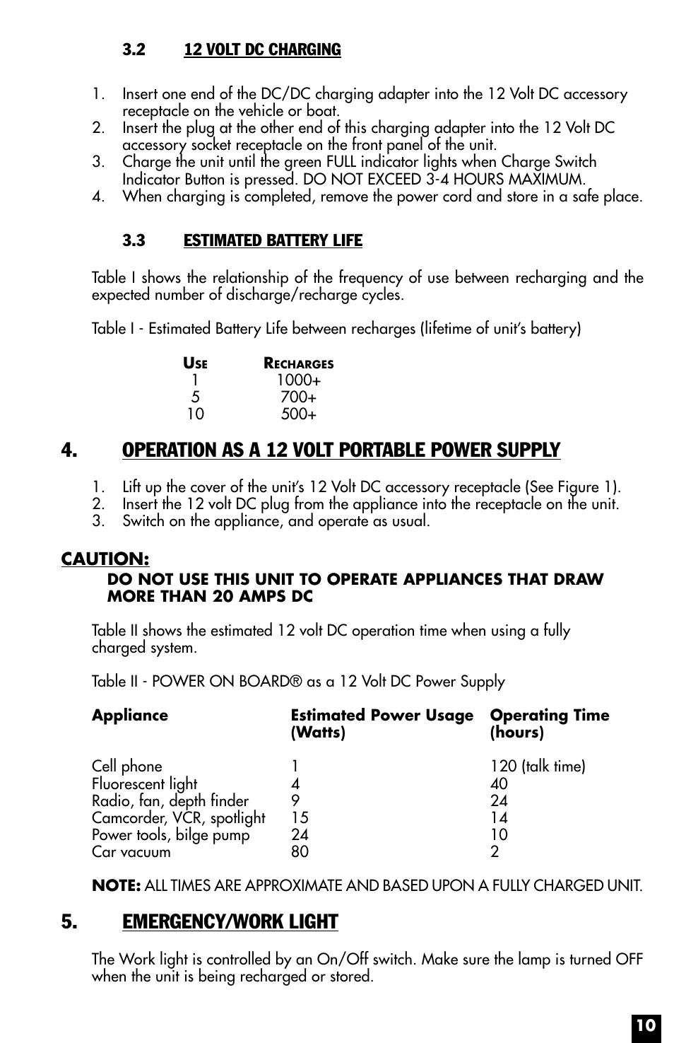 Operation as a 12 volt portable power supply, Emergency/work light | Vector Power on Board VEC021STC User Manual | Page 10 / 16