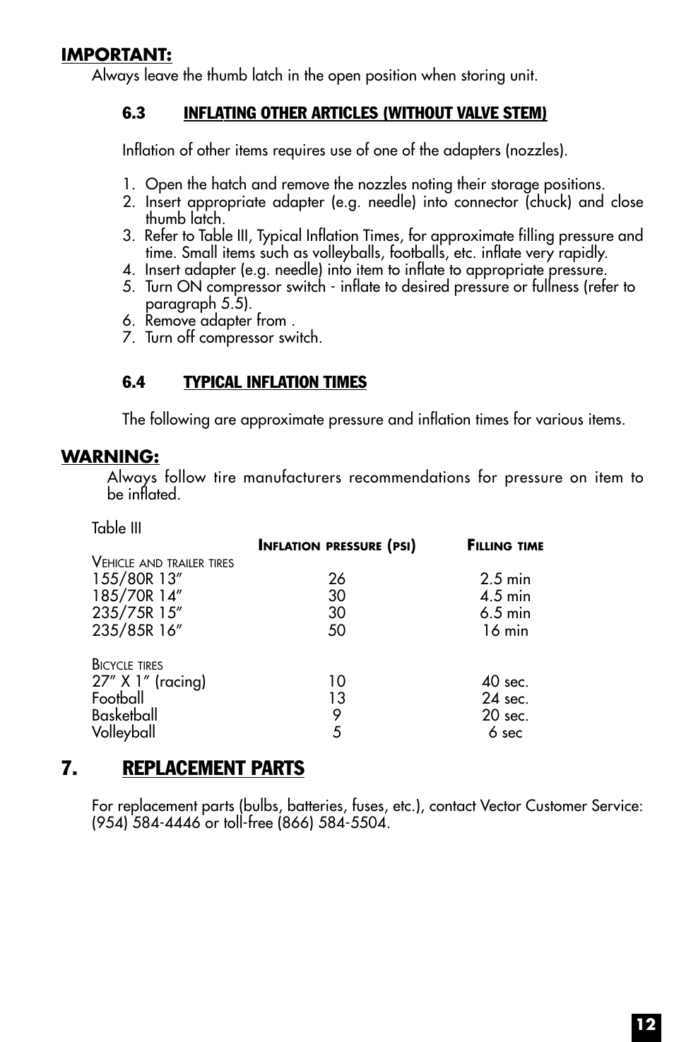 Replacement parts, Important, 3 inflating other articles (without valve stem) | 4 typical inflation times, Warning | Vector Power on Board VEC021STC User Manual | Page 12 / 16