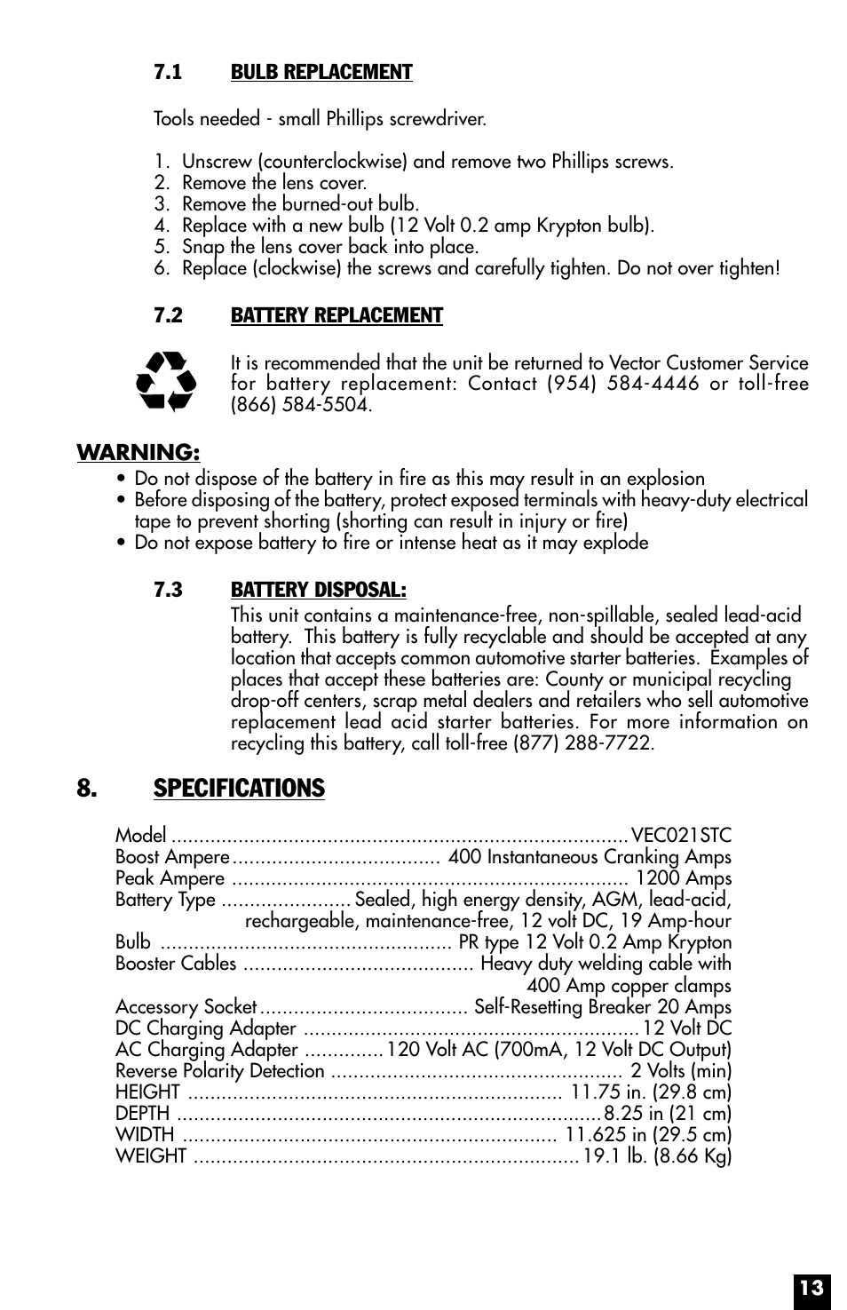 Specifications | Vector Power on Board VEC021STC User Manual | Page 13 / 16