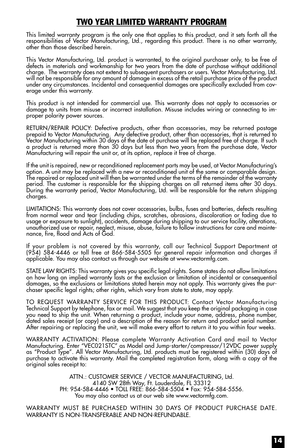 Two year limited warranty program | Vector Power on Board VEC021STC User Manual | Page 14 / 16