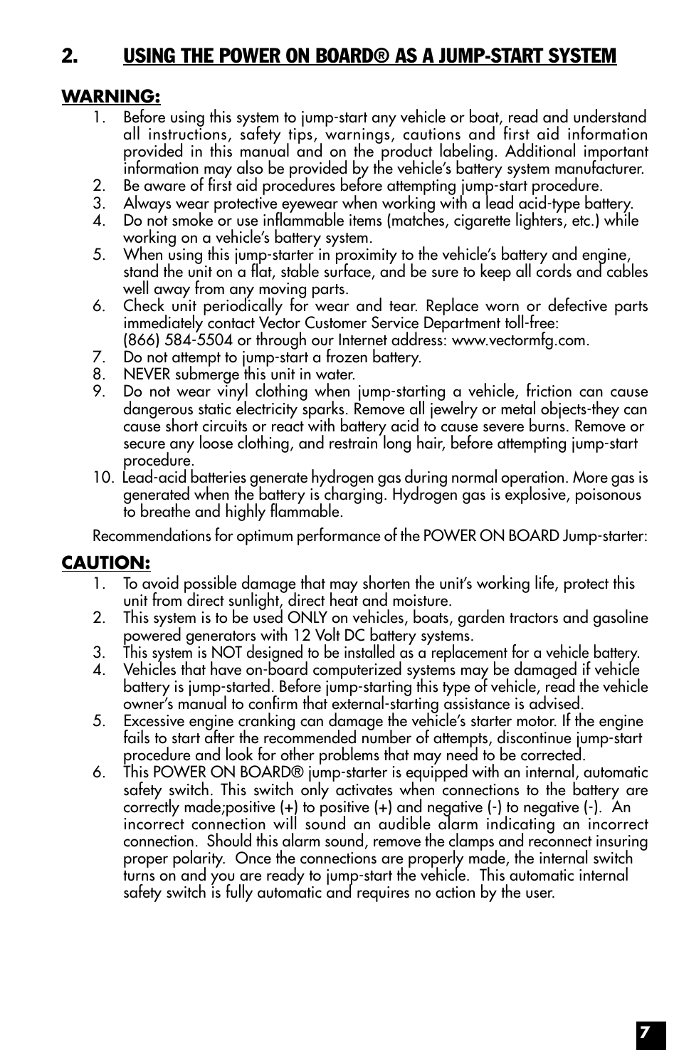 Using the power on board® as a jump-start system | Vector Power on Board VEC021STC User Manual | Page 7 / 16