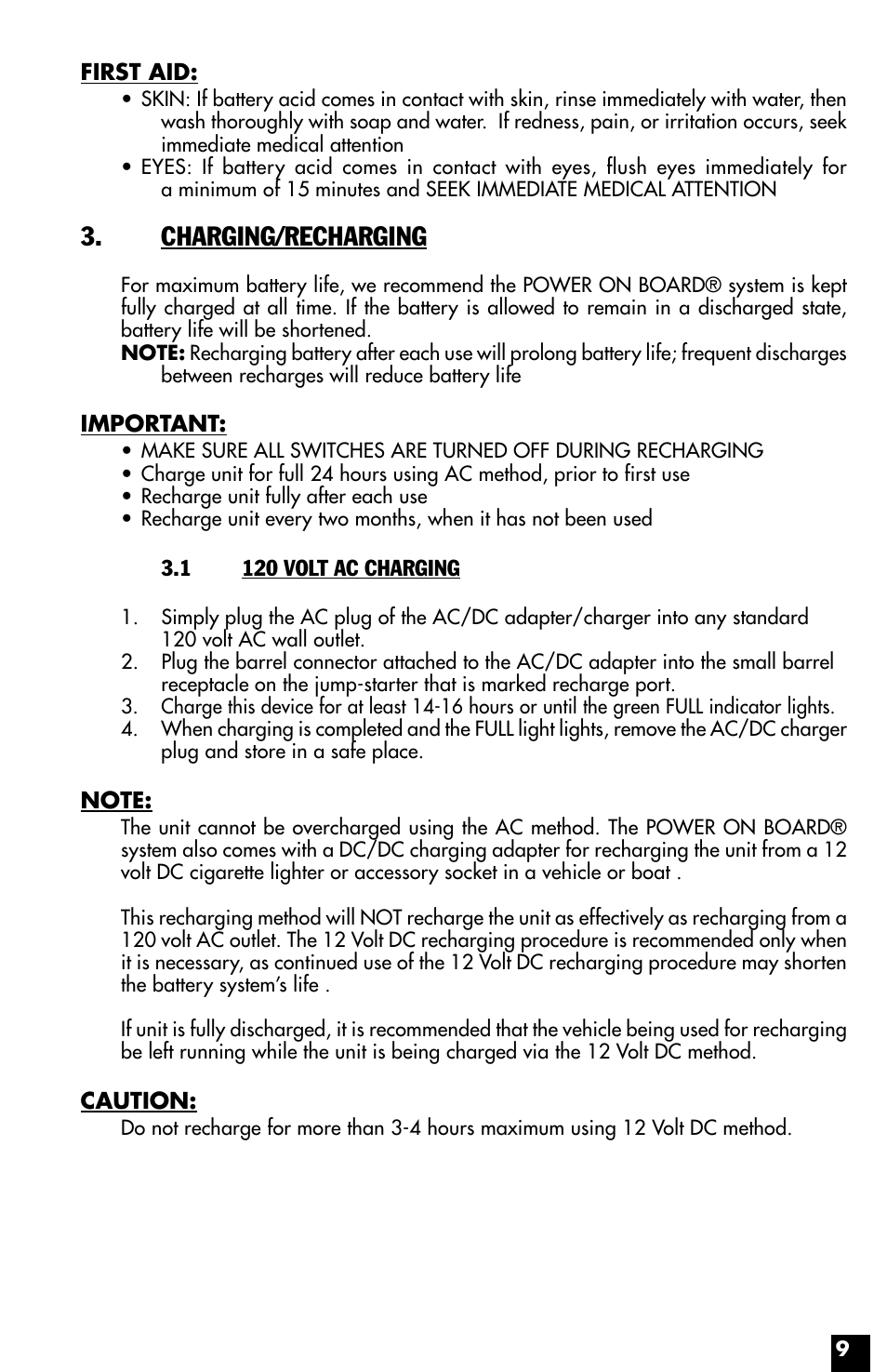Charging/recharging | Vector Power on Board VEC021STC User Manual | Page 9 / 16