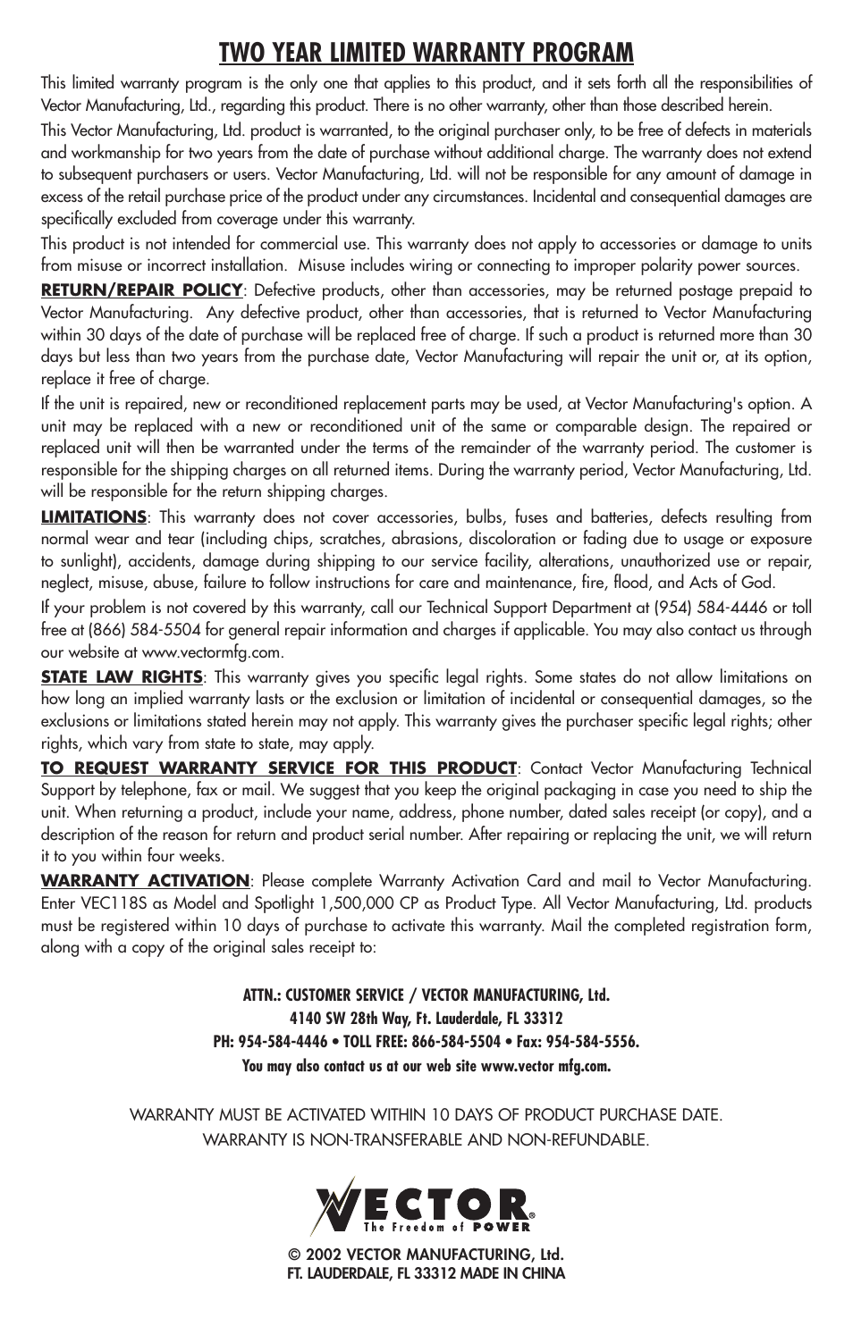 Two year limited warranty program | Vector LITE VEC118S User Manual | Page 10 / 10