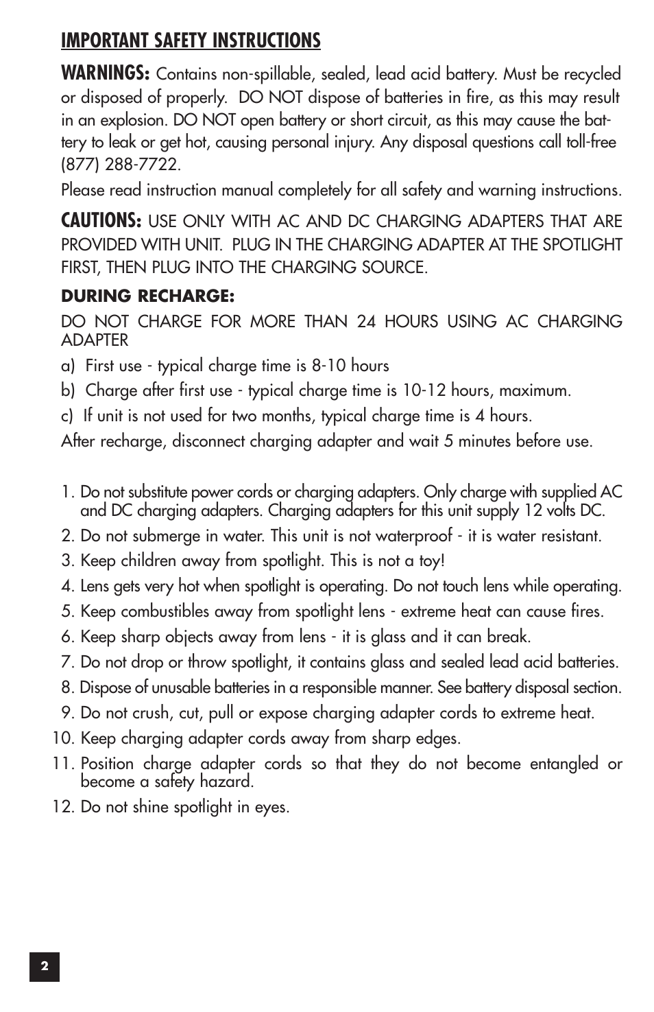 Important safety instructions warnings, Cautions | Vector LITE VEC118S User Manual | Page 2 / 10