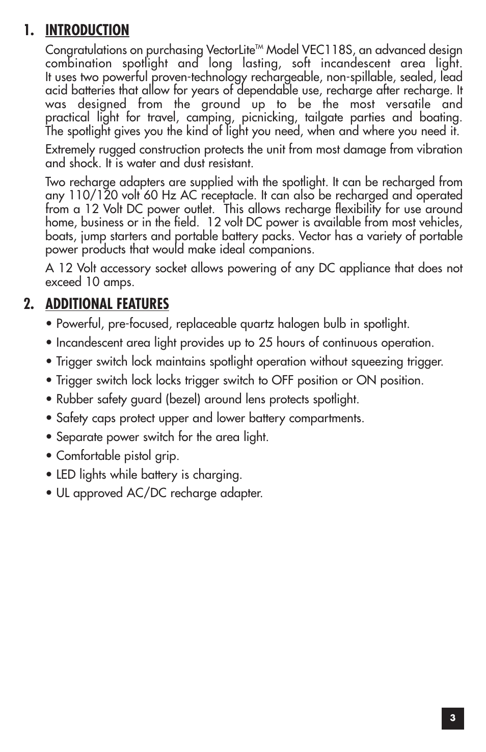 Introduction, Additional features | Vector LITE VEC118S User Manual | Page 3 / 10