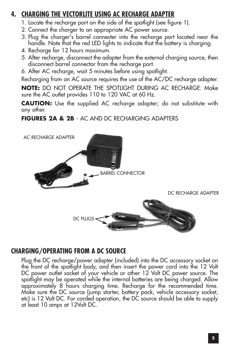 Charging the vectorlite using ac recharge adapter, Charging/operating from a dc source | Vector LITE VEC118S User Manual | Page 5 / 10