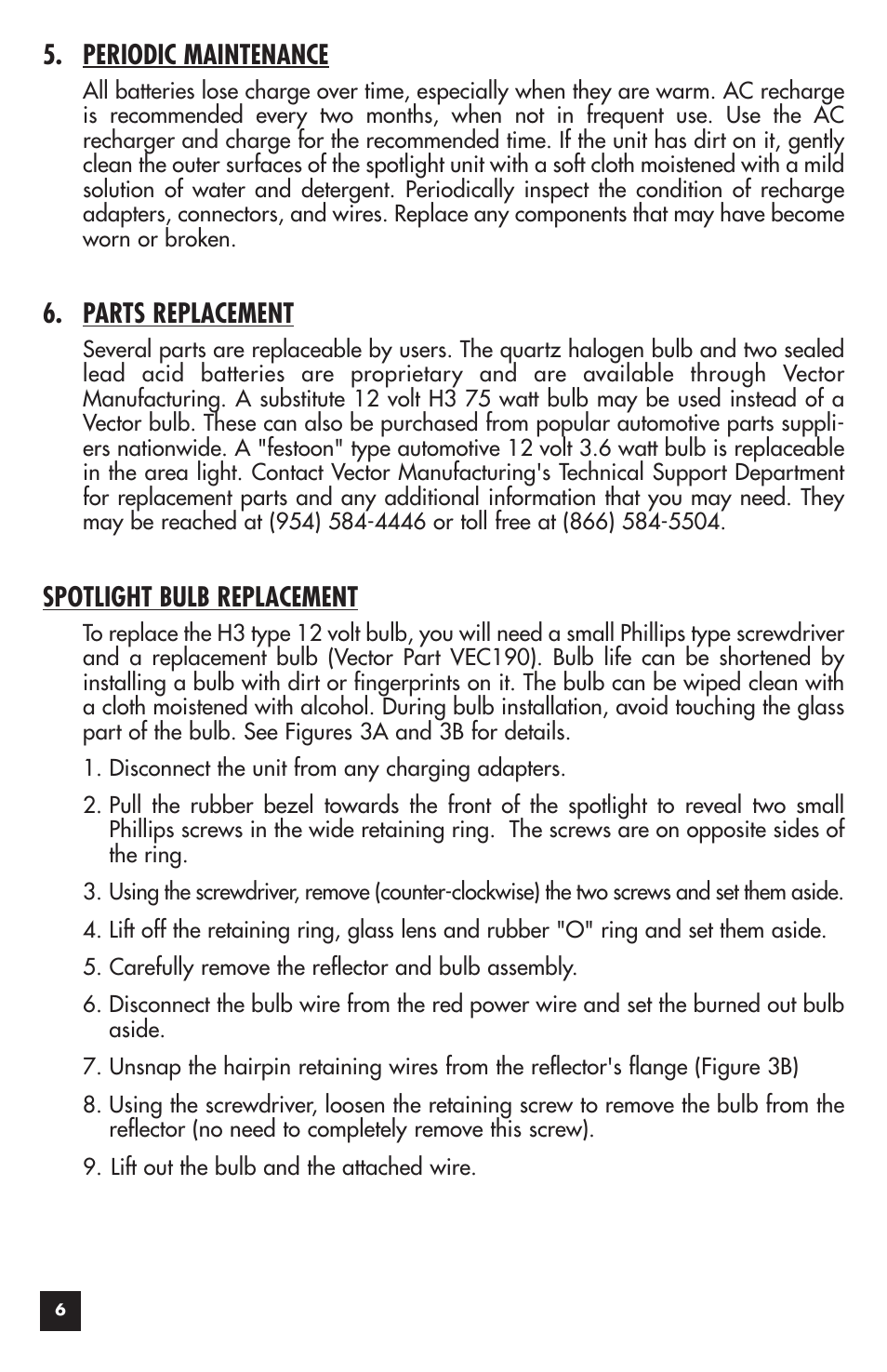 Periodic maintenance, Parts replacement, Spotlight bulb replacement | Vector LITE VEC118S User Manual | Page 6 / 10