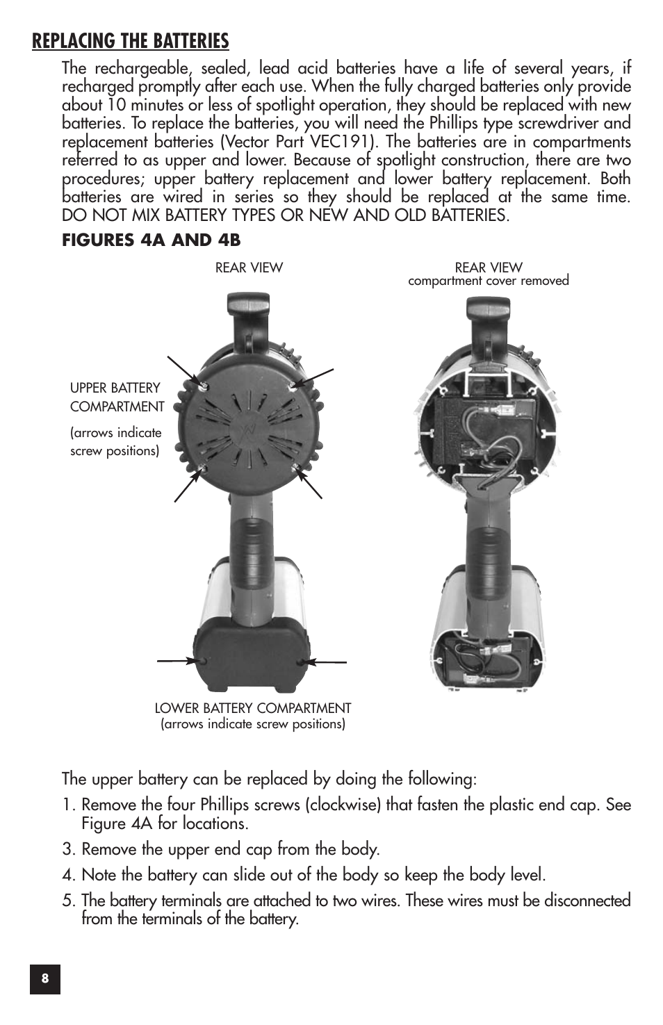 Replacing the batteries | Vector LITE VEC118S User Manual | Page 8 / 10