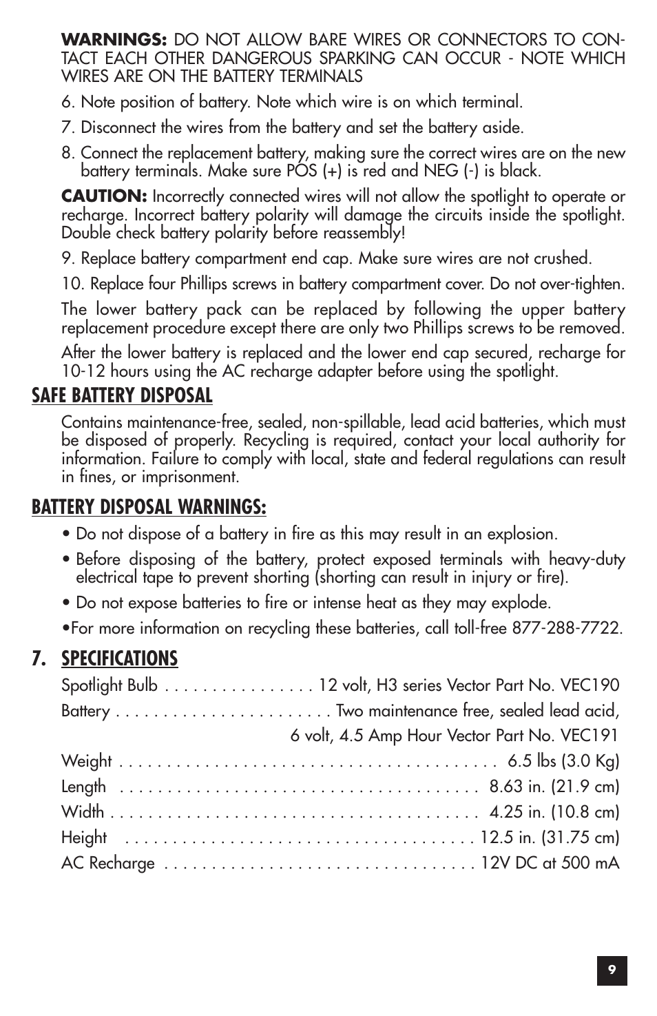 Safe battery disposal, Battery disposal warnings, Specifications | Vector LITE VEC118S User Manual | Page 9 / 10