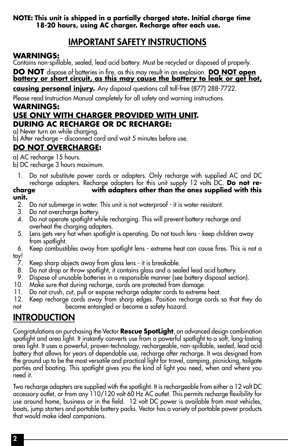 Important safety instructions, Introduction | Vector VEC37R User Manual | Page 2 / 8