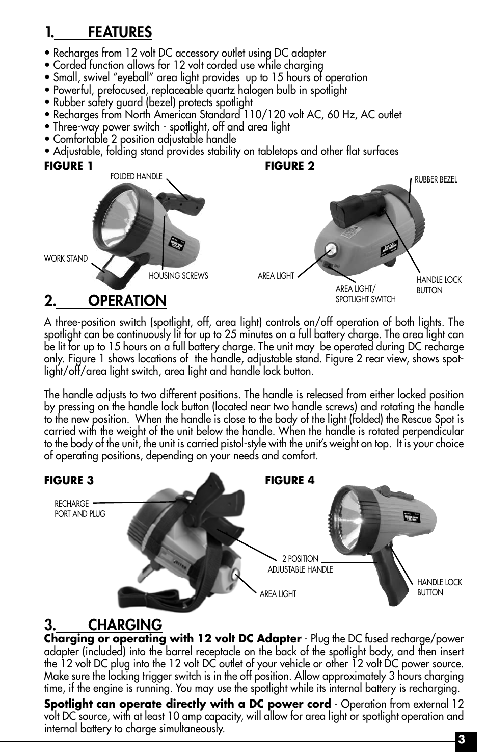 Features, Operation, Charging | Vector VEC37R User Manual | Page 3 / 8