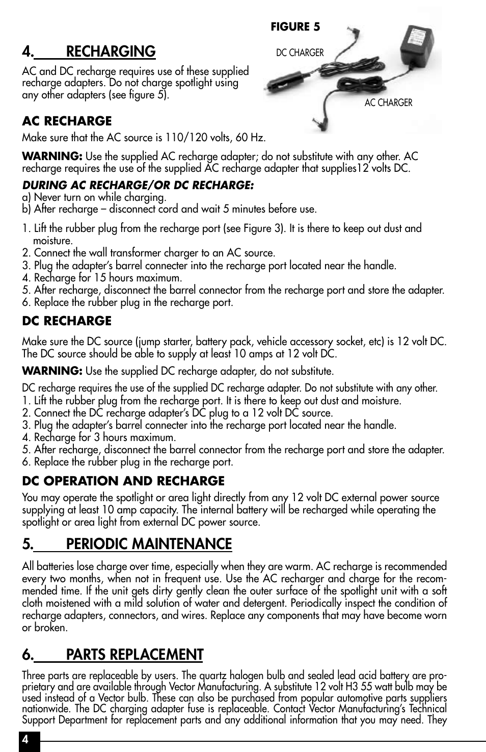 Recharging, Periodic maintenance, Parts replacement | Vector VEC37R User Manual | Page 4 / 8