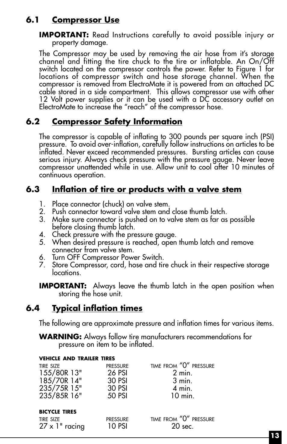 1 compressor use, 2 compressor safety information, 3 inflation of tire or products with a valve stem | 4 typical inflation times | Vector ElectroMate VEC095 User Manual | Page 13 / 20