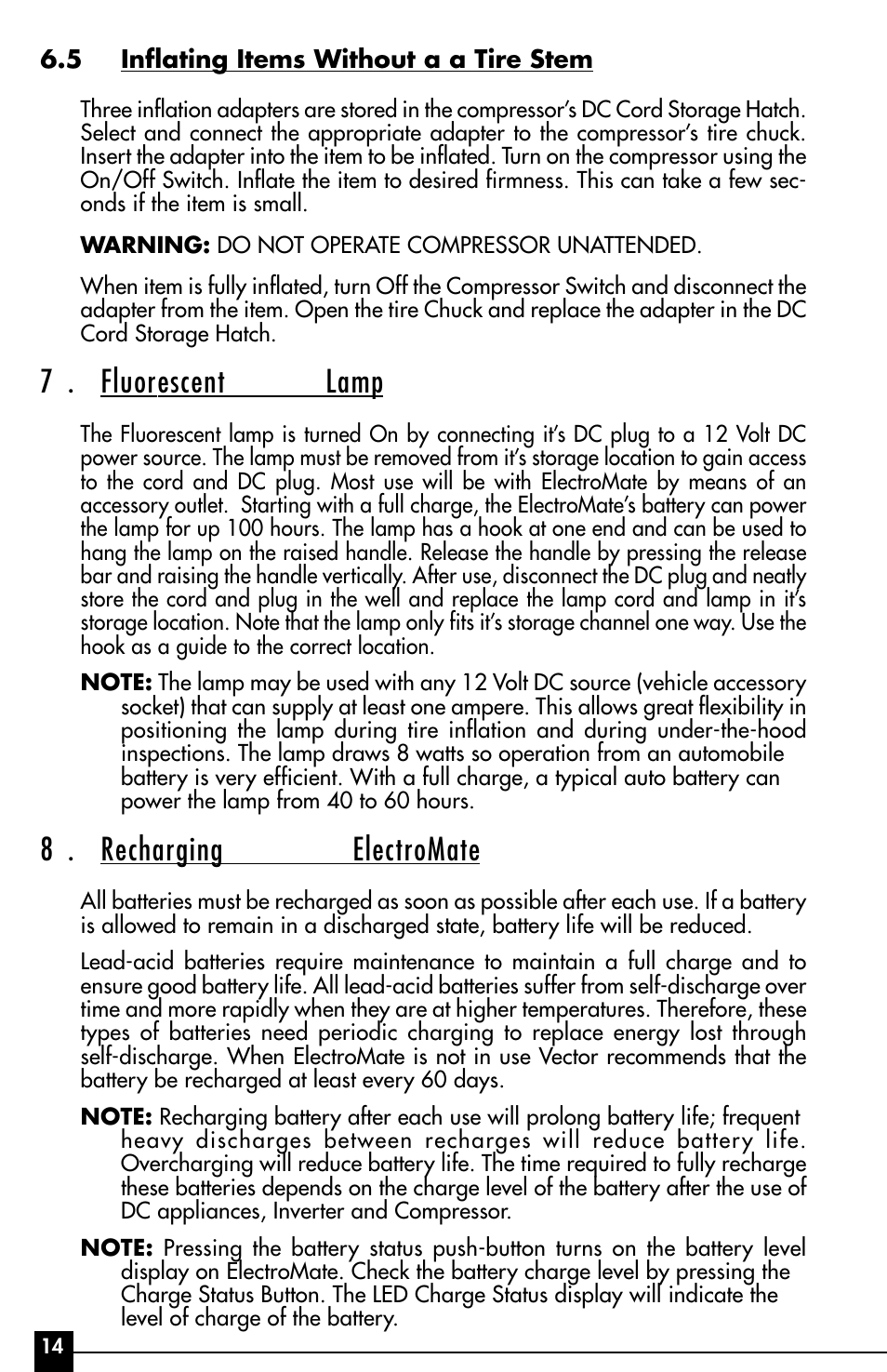 7 . fluorescent lamp, 8 . recharging electromate | Vector ElectroMate VEC095 User Manual | Page 14 / 20