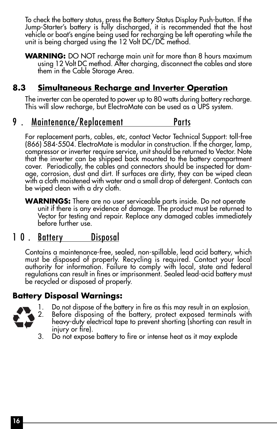 9 . maintenance/replacement parts, 1 0 . battery disposal | Vector ElectroMate VEC095 User Manual | Page 16 / 20