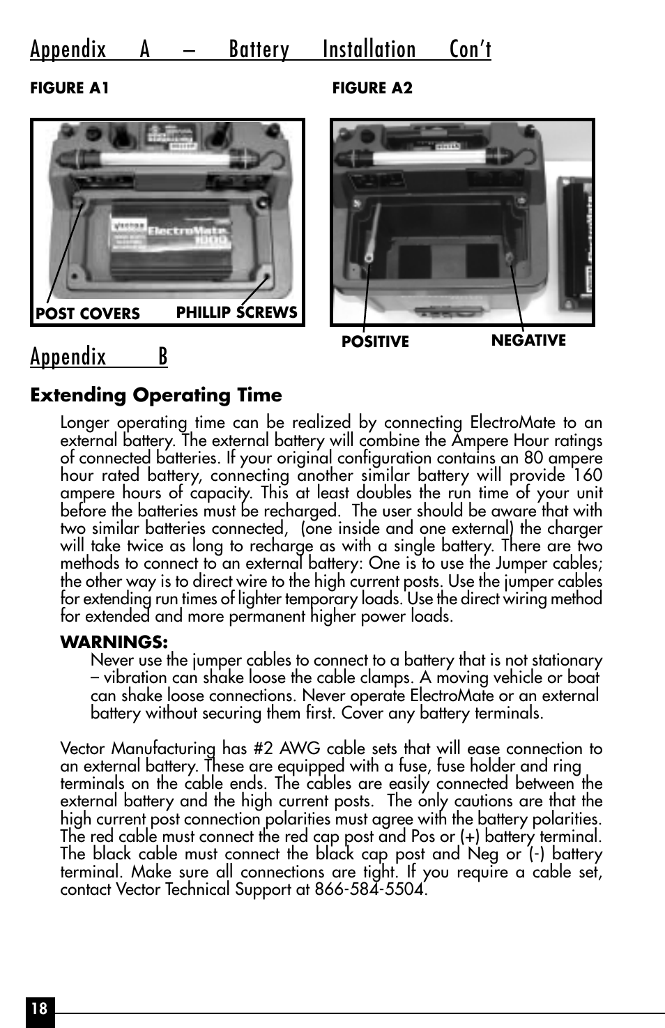 Appendix b, Appendix a – battery installation con’t | Vector ElectroMate VEC095 User Manual | Page 18 / 20