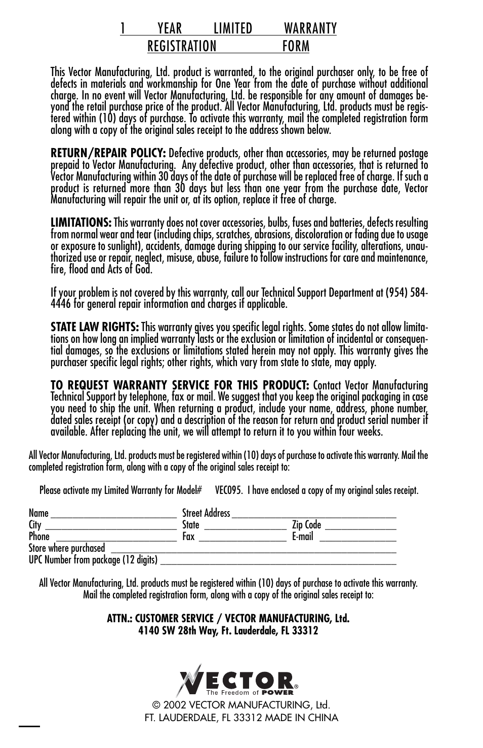 1 year limited warranty registration form | Vector ElectroMate VEC095 User Manual | Page 20 / 20