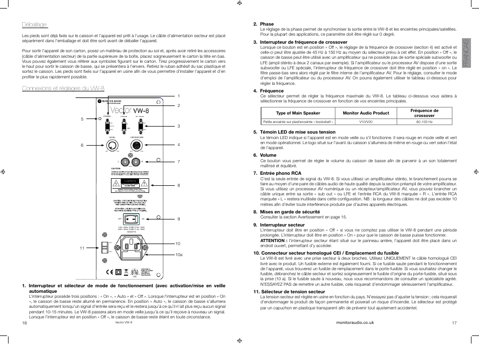Francais, Déballage, Connexions et réglages du vw-8 | Vector VW-8 User Manual | Page 10 / 51