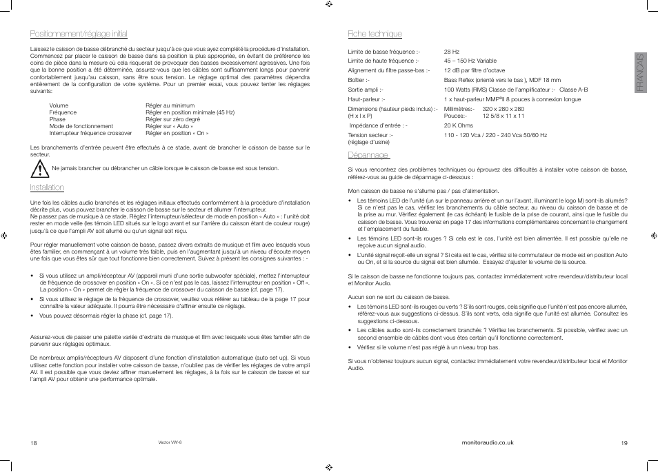 Francais positionnement/réglage initial, Installation, Fiche technique | Dépannage | Vector VW-8 User Manual | Page 11 / 51