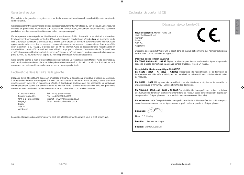 Francais garantie et service, Réclamations dans le cadre de la garantie, Déclaration de conformité ce | Vector VW-8 User Manual | Page 12 / 51