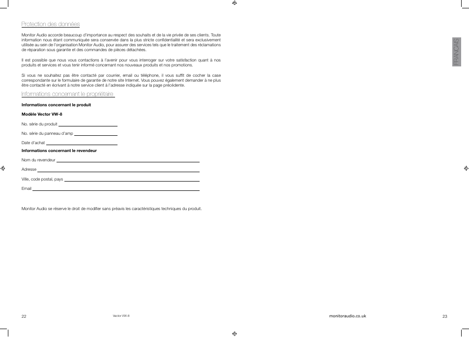 Francais protection des données, Informations concernant le propriétaire | Vector VW-8 User Manual | Page 13 / 51